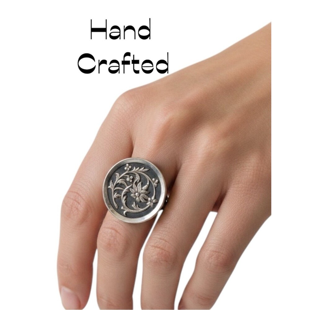 Hand Crafted Antique 1950s Metal Silver Gold Floral Button Adjustable Ring NWT